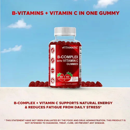 Miniatura 6 de Gomitas con complejo de vitamina B de Vitamatic con vitamina C e inositol - Sabor natural a fresa - 60 gomitas (3 botellas)