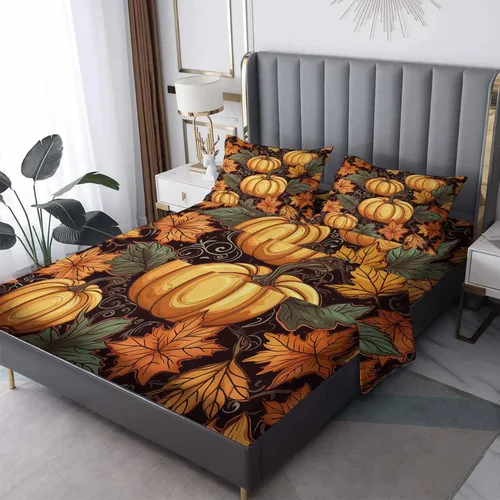 Miniatura 10 de Juego de sábanas de hojas de otoño tamaño individual, sábanas de microfibra suave y bolsillo profundo, sábanas y fundas de almohada estampadas sin