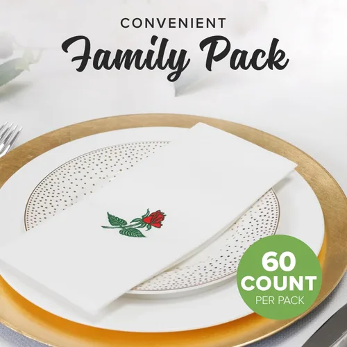 Miniatura 2 de SimuLinen Servilletas de cena de rosas individuales, sensación de lino desechable, plegadas de un solo uso para Navidad, 19 x 17 pulgadas, caja de 60