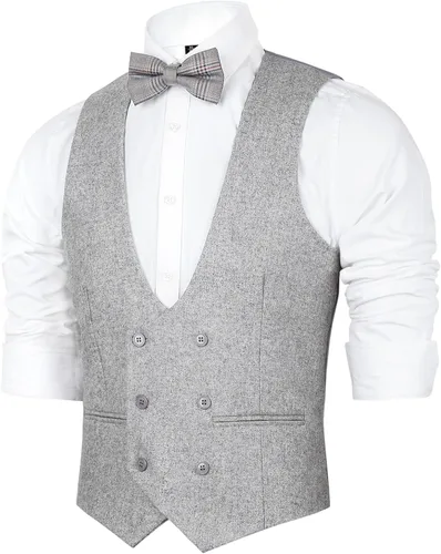 Miniatura 2 de Alizeal Mens Formal Tweed Suit Vest Double Breasted Slim Fit Wool Tuxedo Solid Waistcoat