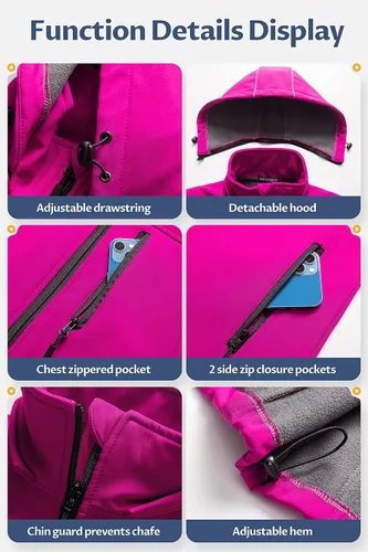 Miniatura 6 de CREATMO US Chaleco ligero de Softshell para mujer, chaqueta sin mangas cortavientos con capucha extraíble