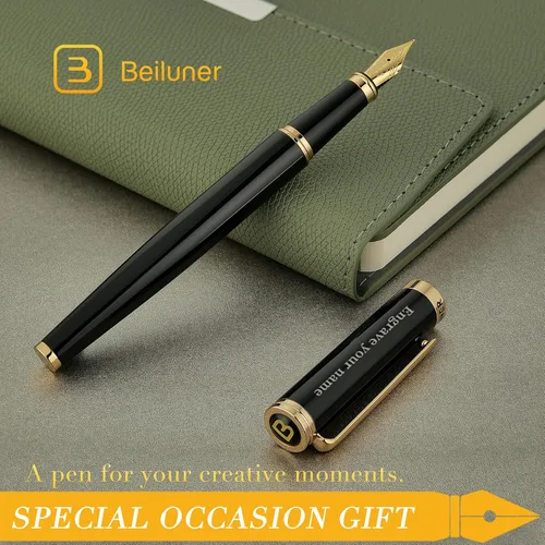Miniatura 8 de BEILUNER Bolígrafo de pluma negro personalizado, impresionante laca de lujo, punta dorada de 24 quilates (fina), hermoso acabado en oro de 24 Azul