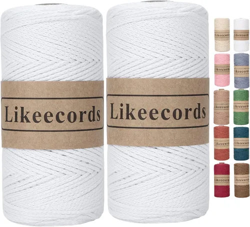 Miniatura 12 de Likeecords Cuerda de algodón 100% hilo de ganchillo de 0.079 pulgadas, cuerda trenzada de macramé, cuerda de macramé, hilo de ganchillo para regalo
