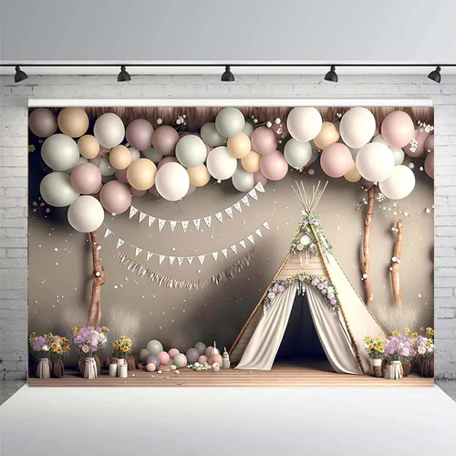 Miniatura 3 de XUNJIN NO.01 - Fondo de fotografía de globo rosa bohemio para niños, fiesta de primer cumpleaños, pastel, retrato, decoración de fotos, telón