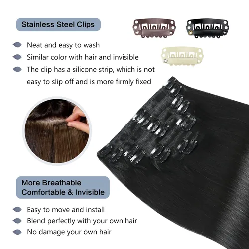 Miniatura 4 de Sunya Extensiones de cabello humano real con clip, color negro azabache, doble trama, lacio, 12 pulgadas, #1, 8 unidades, 3.53 oz