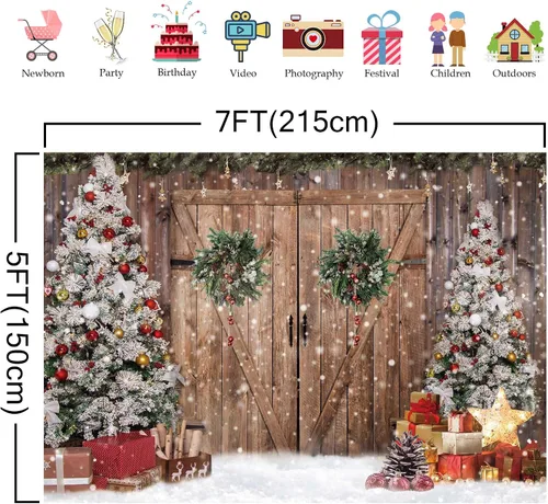 Miniatura 2 de Telón de Fondo Fotográfico de Tela de Poliéster de 7x5 Pies de Puerta de Granero Rústico de Madera de Navidad de Invierno, Banner de Fondo de Nieve