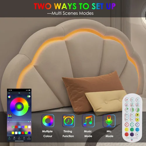 Miniatura 4 de HIFIT Marco de cama LED inteligente tapizado individual con cabecera ajustable de pétalos elegantes, marcos de cama de plataforma tamaño individual