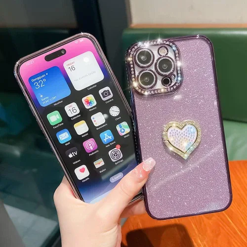 Miniatura 5 de Bonita funda compatible con iPhone 13 Pro de 6.1 pulgadas, diamantes brillantes + fundas de tarjetas con purpurina con soporte de corazón de amor