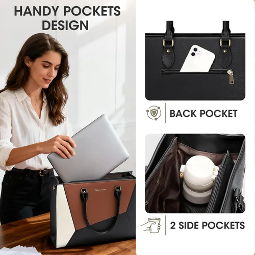 Miniatura 5 de RAINSMORE Bolsa de mano para laptop para mujer, 15.6 pulgadas, bolsas de trabajo grandes para mujeres, impermeables, para negocios, oficina