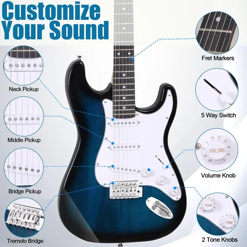 Miniatura 9 de Guitarra eléctrica de tamaño completo de 39 pulgadas, kit de iniciación para principiantes con amplificador de 10W, púas, cuerdas, barra de trémolo