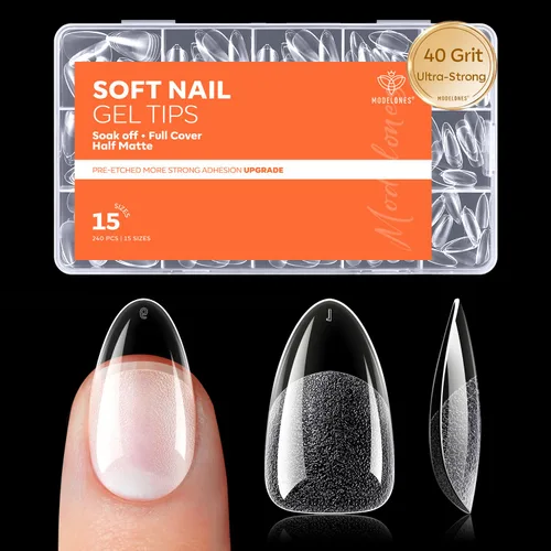 Miniatura 19 de Modelones 240 puntas de uñas de gel de almendra, uñas de gel suave de cobertura completa de grano 40 pregrabadas, medio mate, 15 tamaños, puntas