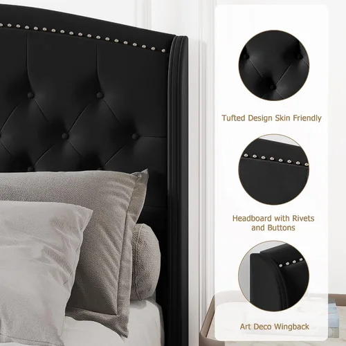 Miniatura 4 de Base de cama tamaño Queen, plataforma tapizada con cabecera de ala y diseño capitoné de botones, soporte de listones de madera, fácil montaje,