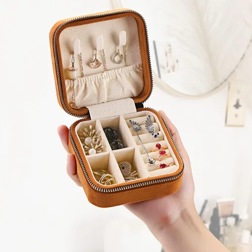 Miniatura 2 de Joyero de viaje de terciopelo de felpa, pequeña caja de joyería de viaje, caja de joyería portátil, mini organizador de almacenamiento, caja