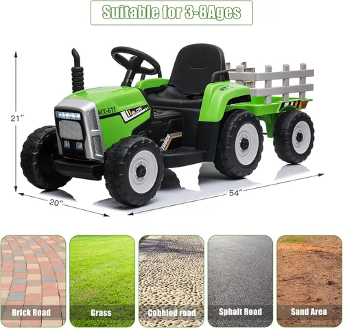 Miniatura 2 de SEHOMY Tractor de paseo para niños con remolque y motores duales de 25W, vehículo de juguete eléctrico para niños alimentado por batería de 12V