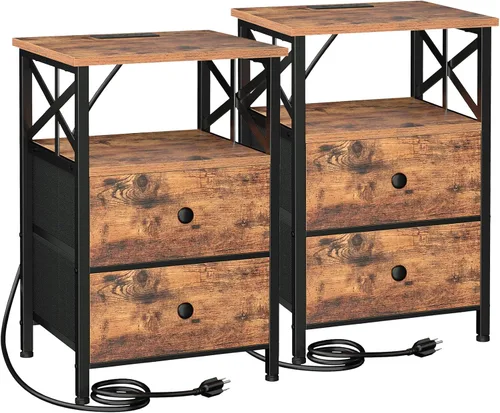 Miniatura 12 de AMHANCIBLE Juego de 2 mesitas de noche negras con estación de carga, mesas auxiliares para sala de estar con puertos USB y tomas, mesita de noche