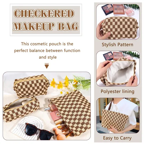 Miniatura 6 de ZLFSRQ Bolsa de maquillaje a cuadros para mujer, grande y pequeña, juego de bolsa de cosméticos a cuadros, bolsas de aseo de viaje, bolsa