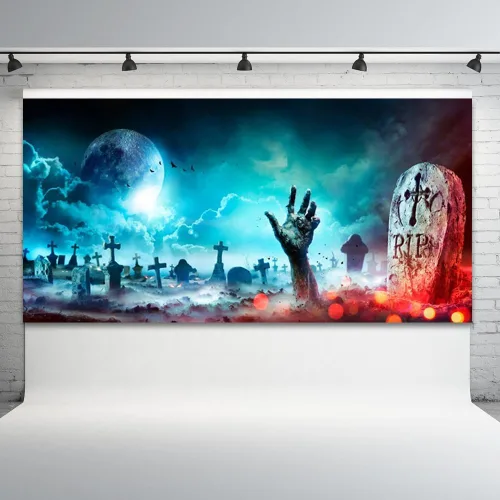 Miniatura 3 de Telón de fondo de Halloween para fotografía de cementerio de Halloween de 20 x 10 pies, telón de fondo de lápida de calavera aterradora, calabaza