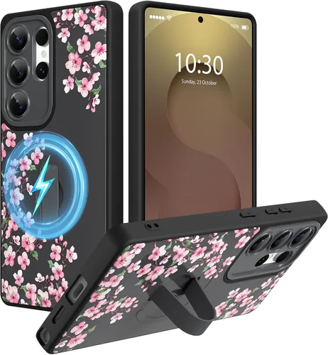 Miniatura 42 de Funda magnética compatible con Samsung Galaxy S25 Ultra para mujeres y hombres, estética flor de durazno, correa de muñeca ajustable incorporada