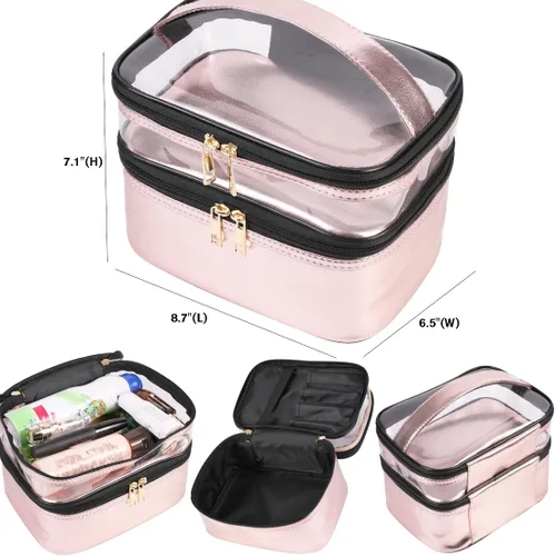 Miniatura 2 de FITINI Bolsas de maquillaje de doble capa de almacenamiento de viaje estuches cosméticos organizador de maquillaje bolsas de aseo resistentes al Rosa