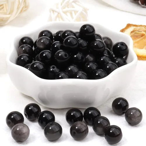 Miniatura 5 de 60 cuentas de piedra natural de 15⁄64 pulgadas (6 mm) con cuentas de obsidiana plateada que es una piedra para sanación de la energía. Cuentas Plata