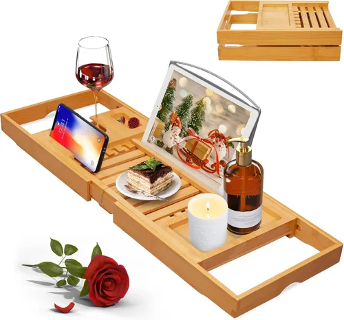 Miniatura 8 de Bandeja de bañera de madera de acacia, bandeja de baño plegable para bañera, bandejas de mesa de baño expandibles, accesorios de bañera y baño