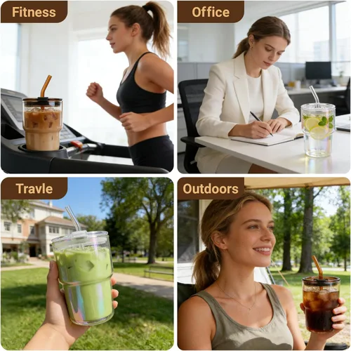 Miniatura 9 de Luxfuel Vaso de vidrio de 16 onzas con tapa y popote, taza de café helado reutilizable y vaso para batidos, vidrio de borosilicato a prueba de fugas