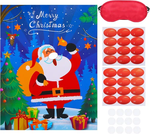 SKYLETY Juegos de fiesta de Navidad, juego de pin the nose en Papá Noel, divertidos juegos de fiesta con los ojos vendados para familiares y amigos,