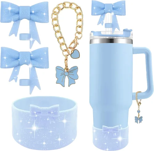 Miniatura 32 de Conjunto de accesorios para taza Hpebl para Stanley, incluye 2 tapas de pajita con moño lindo de 10 mm, tapones reutilizables para pajita, 1 funda