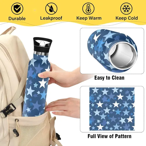 Miniatura 4 de Classical White Stars Blue BPA-Free Leak Proof Reusable Water Bottles with Straw Lid Double Wall Vacuum for School Boys Girls termo para agua acero