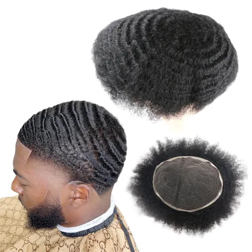 Miniatura 14 de Pelucas Afro Rizadas Toupé para Hombres Pelucas para Hombre Afroamericano Negro Unidad de Cabello Masculino Negro Rizado Afro Tejido Masculino