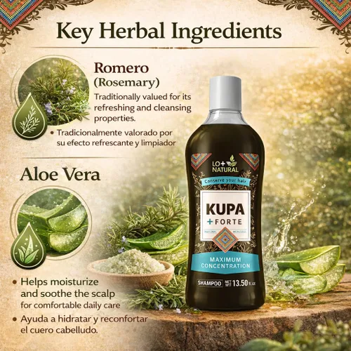 Miniatura 3 de Champú KUPA + FORTE con romero y aloe vera, 13.5 onzas líquidas, fórmula inspirada en huichol a base de hierbas, limpieza profunda y cuidado