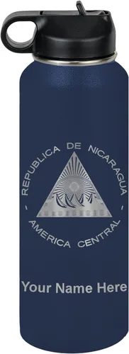 Miniatura 68 de LaserGram Botella de agua personalizada, bandera de Nicaragua, acero inoxidable de doble pared aislada al vacío con popote superior, regalo grabado