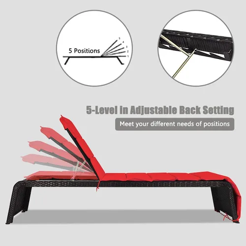 Miniatura 3 de DORTALA Tumbona para exteriores, silla reclinable de ratán ajustable de 5 posiciones con asiento acolchado y pies ajustables, muebles de sofá Rojo