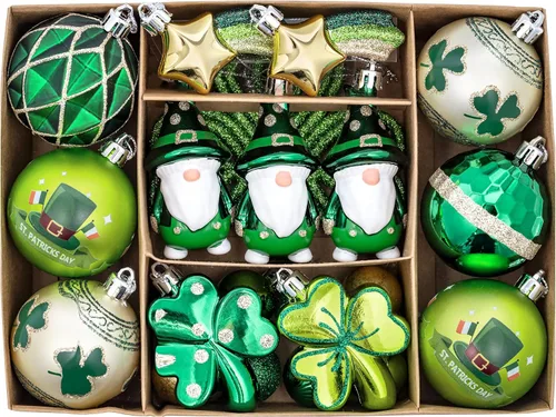 Valery Madelyn Decoraciones del día de San Patricio, adorno de árbol de trébol, 30 piezas de esferas colgantes, decoración de gnomo para festival