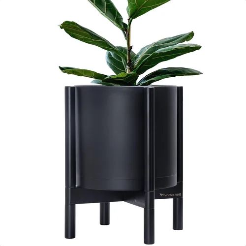 Miniatura 34 de Maceta de D'vine Dev con soporte - Maceta de flores de cilindro de plástico de 8.0 pulgadas con soporte de madera para interiores, maceta mate negra