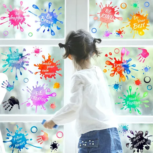 Miniatura 7 de PLIGREAT 3 hojas coloridas de huellas de manos salpicadas de pintura, citas inspiradoras, calcomanías de pared extraíbles de vinilo para despegar