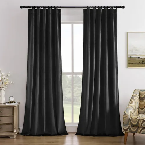 Timeper Cortinas de terciopelo plisadas negras con pestaña trasera, 2 paneles de 42 pulgadas de ancho x 84 pulgadas de largo, cortinas opacas para
