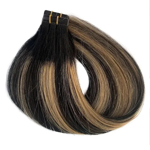 Miniatura 28 de Extensiones de cabello cosidas de cabello humano real, balayage de negro brillante a rubio dorado, paquete de extensiones de cabello humano