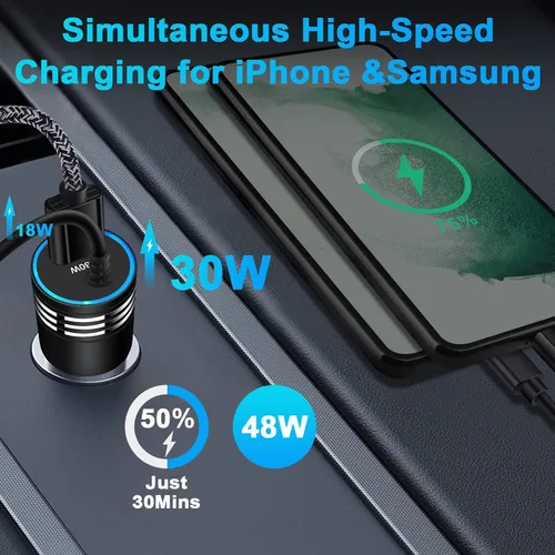 Miniatura 2 de Cargador de Coche Súper Rápido de 48W USB C Adaptador de Coche Rápido Android con Cable de Carga Rápida Tipo C de 30W Integrado para Samsung Galaxy
