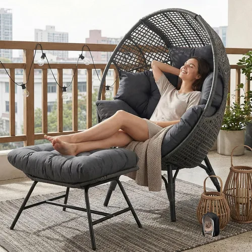 Miniatura 12 de NICESOUL Silla con forma de huevo de mimbre con otomano, silla de salón con cesta de huevo para interior y exterior con cojín, asiento de huevo