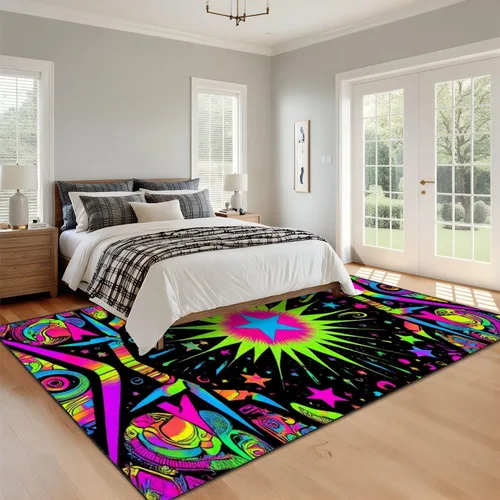 Miniatura 3 de Alfombra lavable de 8 x 10 pies para sala de estar, grande, suave, luz negra, sol, neón, reactiva a los rayos UV, luna celestial, estrella, planeta