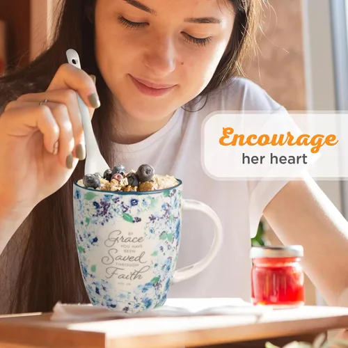 Miniatura 4 de Christian Art Gifts Juego de taza de café y té con cuchara de cerámica para mujer: By Grace You Have Been Saved - Efesios 2:8 Versículo de la Biblia