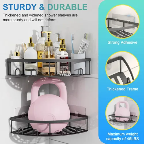Miniatura 6 de Organizador de esquina para ducha, paquete de 2 estantes organizadores adhesivos para baño, ducha, sin perforaciones, a prueba de óxido, para montar