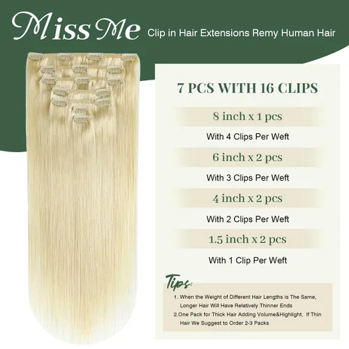Miniatura 4 de Missme Extensiones de cabello humano real con broches, 14 pulgadas, 4.33 oz, 7 unidades, extensiones de cabello lacio invisible, sin costuras, doble