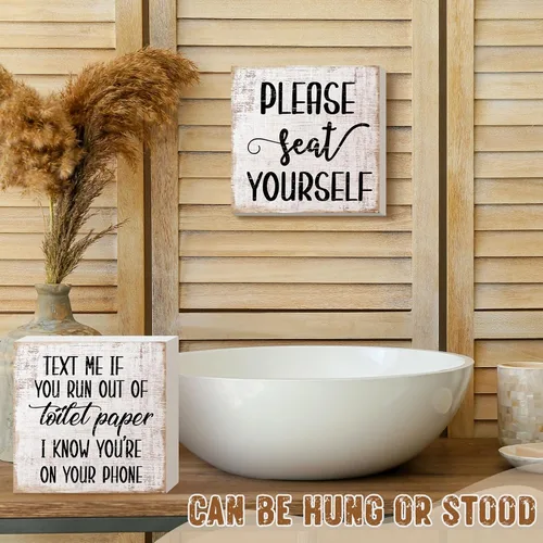 Miniatura 2 de Jetec 2 piezas de decoración de letreros de baño de granja, caja de madera con signo, arte de pared divertido para el baño, placa de madera rústica