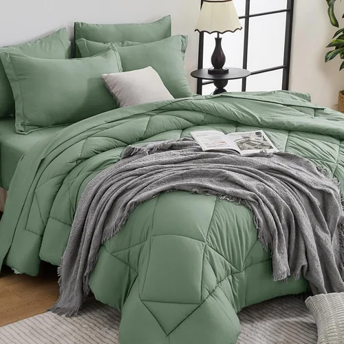 Miniatura 29 de HEVUMYI - Juego de edredón King de 7 piezas para todas las estaciones, cama en una bolsa, ultra suave, juego de cama con edredón, sábana plana, Azul