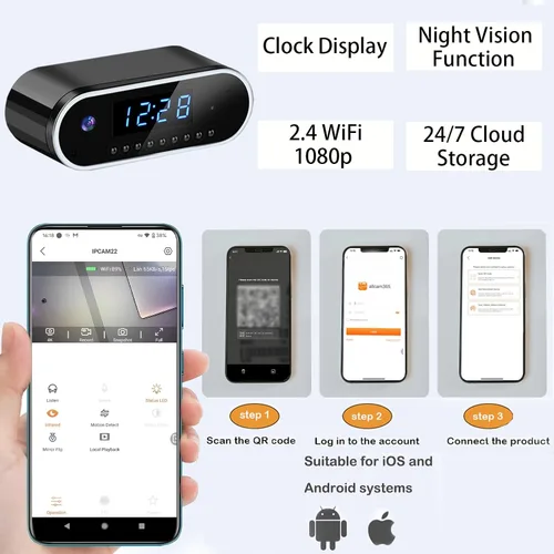 Miniatura 3 de Reloj inalámbrico con cámara oculta, cámara de niñera HD de 1080P con visión nocturna automática para monitoreo del hogar, detección de movimiento