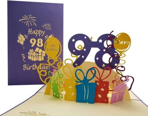 iGifts And Cards Tarjeta desplegable 3D de cumpleaños 98, regalos coloridos y celebración de hitos de globos, saludo sincero para personas mayores,