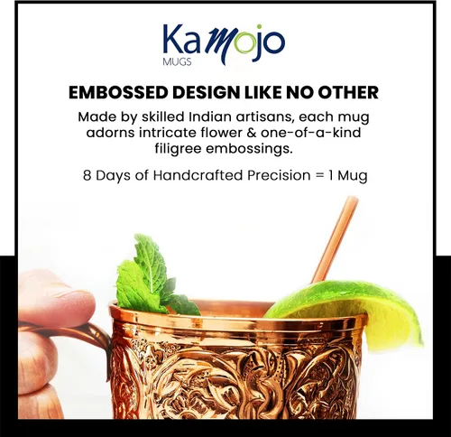 Miniatura 4 de Kamojo Juego de 2 tazas de cobre con diseño único hecho a mano en relieve con revestimiento antideslustre de grado alimenticio, juego de regalo