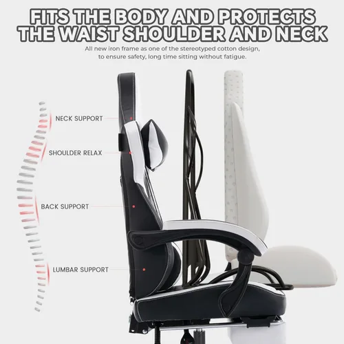 Miniatura 5 de Cómoda silla de oficina con reposapiés y soporte lumbar, estilo carreras, ajustable, giratoria de 360°, silla de juegos con reposacabezas